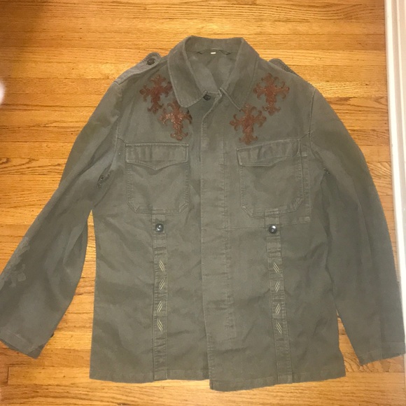 Vintage army jacket with leather patch/embroidery